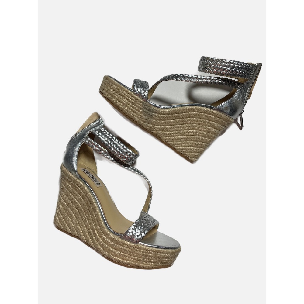 Badgley Mischka Wedge Sandals Women 6.5 Silver Braided Espadrille Boho Glam Heel